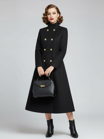 ヴィンテージ ダブルブレスト Aライン ロング ウールブレンド コート（ゴールドボタン＆ハイネック）2025