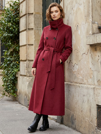 ベルト付きロングウールコート（ダブルブレスト、ハイカラー）レディース 2025