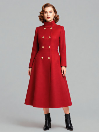 レッド ヴィンテージ ダブルブレスト Aライン ロング ウールブレンド コート（ゴールドボタン＆ハイネック）2025
