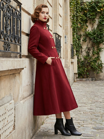 ヴィンテージ ダブルブレスト Aライン ロング ウールブレンド コート（ゴールドボタン＆ハイネック）2025