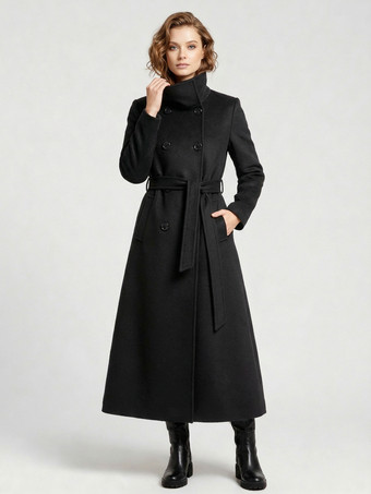 ブラック ベルト付きロングウールコート（ダブルブレスト、ハイカラー）レディース 2025