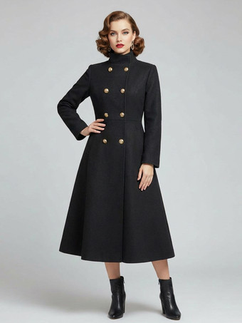 ブラック ヴィンテージ ダブルブレスト Aライン ロング ウールブレンド コート（ゴールドボタン＆ハイネック）2025