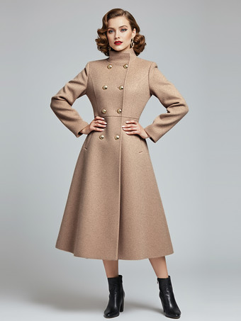 ラクダ色 ヴィンテージ ダブルブレスト Aライン ロング ウールブレンド コート（ゴールドボタン＆ハイネック）2025