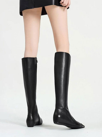 ニーハイブーツ ブラック ポインテッドトゥ フラット膝丈ブーツ 女性用
