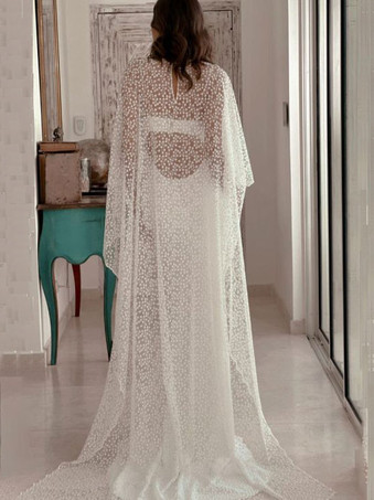 ツーピースウェディングドレス レース レースデザインネックライン ツーピーストレーン付きウェディングドレス 機能的なボタン ハーフスリーブ ロング アイボリー