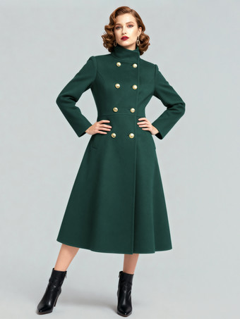 グリーン ヴィンテージ ダブルブレスト Aライン ロング ウールブレンド コート（ゴールドボタン＆ハイネック）2025