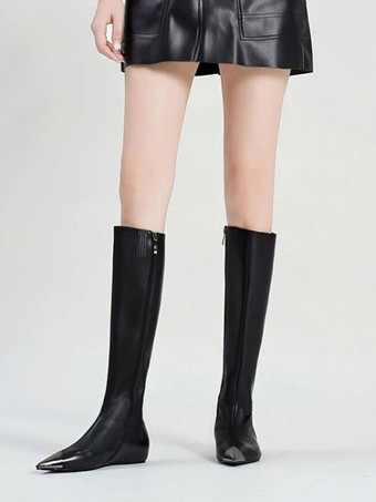 ニーハイブーツ ブラック ポインテッドトゥ フラット膝丈ブーツ 女性用