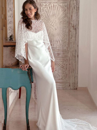 アイボリーツーピースウェディングドレス レース レースデザインネックライン ツーピーストレーン付きウェディングドレス 機能的なボタン ハーフスリーブ ロング アイボリー