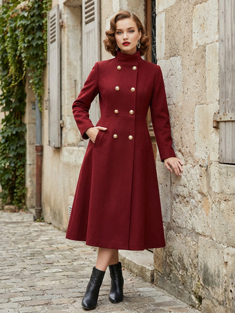 ヴィンテージ ダブルブレスト Aライン ロング ウールブレンド コート（ゴールドボタン＆ハイネック）2025