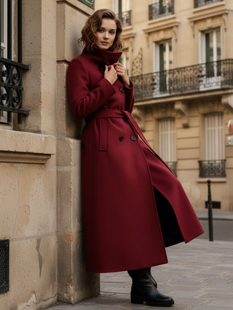 ベルト付きロングウールコート（ダブルブレスト、ハイカラー）レディース 2025