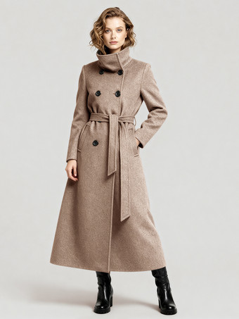 ラクダ色 ベルト付きロングウールコート（ダブルブレスト、ハイカラー）レディース 2025