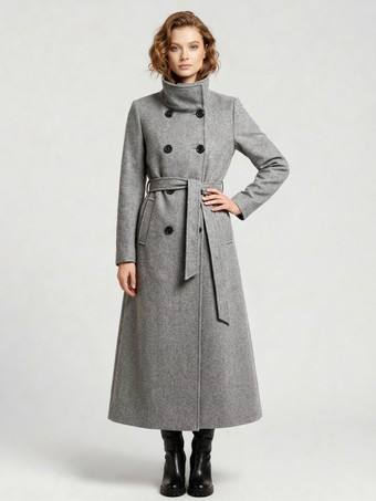 グレイベルト付きロングウールコート（ダブルブレスト、ハイカラー）レディース 2025
