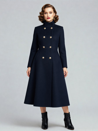 ダークネイビーヴィンテージ ダブルブレスト Aライン ロング ウールブレンド コート（ゴールドボタン＆ハイネック）2025