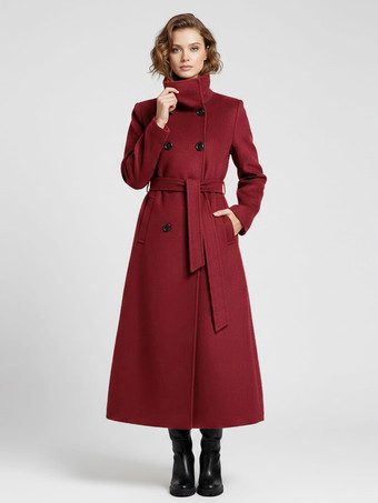 ベルト付きロングウールコート（ダブルブレスト、ハイカラー）レディース 2025