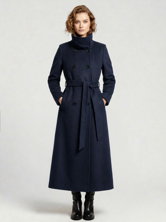 ダークネイビーベルト付きロングウールコート（ダブルブレスト、ハイカラー）レディース 2025