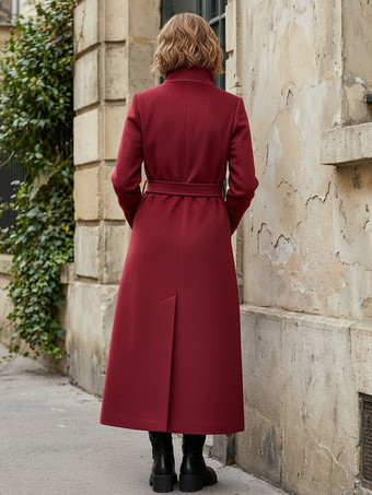 ベルト付きロングウールコート（ダブルブレスト、ハイカラー）レディース 2025