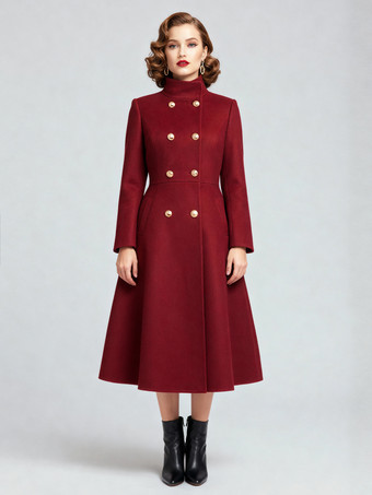 ヴィンテージ ダブルブレスト Aライン ロング ウールブレンド コート（ゴールドボタン＆ハイネック）2025