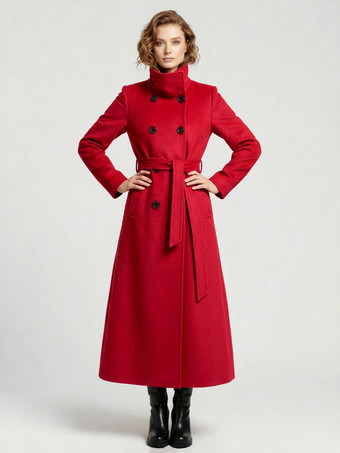 レッド ベルト付きロングウールコート（ダブルブレスト、ハイカラー）レディース 2025