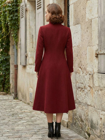 ヴィンテージ ダブルブレスト Aライン ロング ウールブレンド コート（ゴールドボタン＆ハイネック）2025