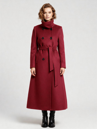 ワインレッド ベルト付きロングウールコート（ダブルブレスト、ハイカラー）レディース 2025