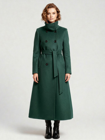 グリーン ベルト付きロングウールコート（ダブルブレスト、ハイカラー）レディース 2025