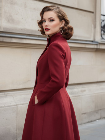 ヴィンテージ ダブルブレスト Aライン ロング ウールブレンド コート（ゴールドボタン＆ハイネック）2025