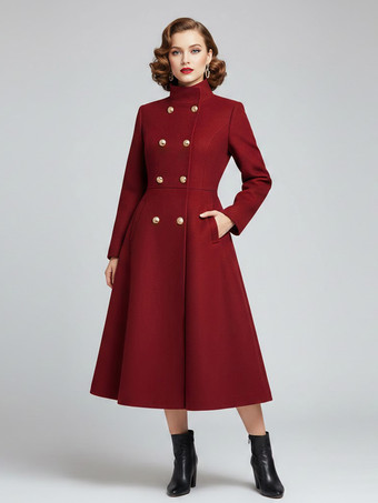 ワインレッド ヴィンテージ ダブルブレスト Aライン ロング ウールブレンド コート（ゴールドボタン＆ハイネック）2025