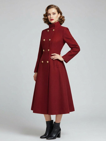 ヴィンテージ ダブルブレスト Aライン ロング ウールブレンド コート（ゴールドボタン＆ハイネック）2025