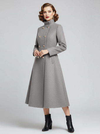 グレイヴィンテージ ダブルブレスト Aライン ロング ウールブレンド コート（ゴールドボタン＆ハイネック）2025