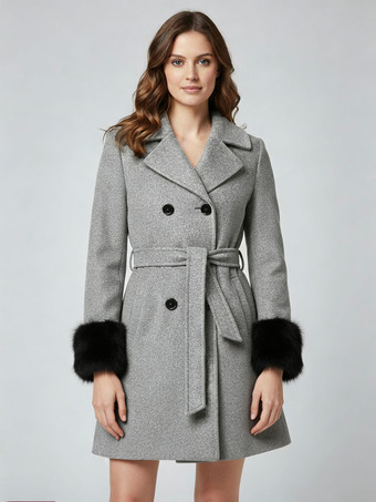 ベルト付きダブルブレストウールブレンドコート、ワイドラペル、ブラックフェイクファーカフス 2025