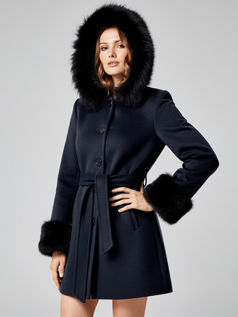 ダークネイビーベルト付きウール混フード付きコート（ブラックフェイクファーカフス付き）レディース 2025