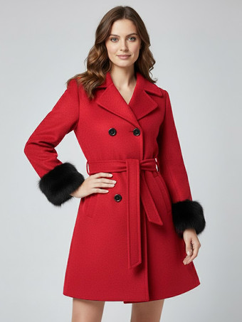レッド ベルト付きダブルブレストウールブレンドコート、ワイドラペル、ブラックフェイクファーカフス 2025