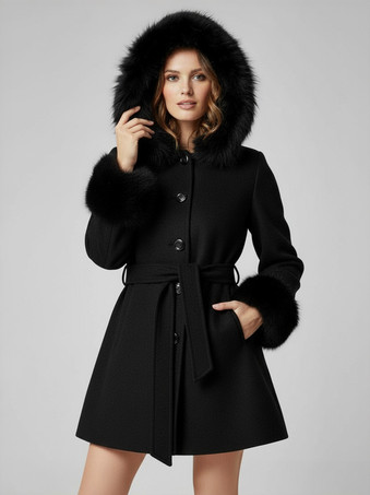 ブラック ベルト付きウール混フード付きコート（ブラックフェイクファーカフス付き）レディース 2025
