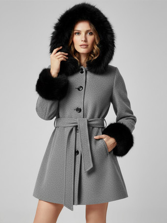 グレイベルト付きウール混フード付きコート（ブラックフェイクファーカフス付き）レディース 2025