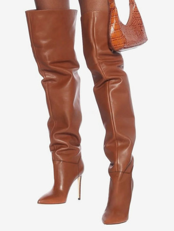 ブラウンブラック サイハイブーツ ハイヒール ポインテッドトゥ スラウチブーツ