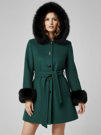 グリーン ベルト付きウール混フード付きコート（ブラックフェイクファーカフス付き）レディース 2025