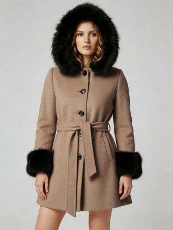 ラクダ色 ベルト付きウール混フード付きコート（ブラックフェイクファーカフス付き）レディース 2025