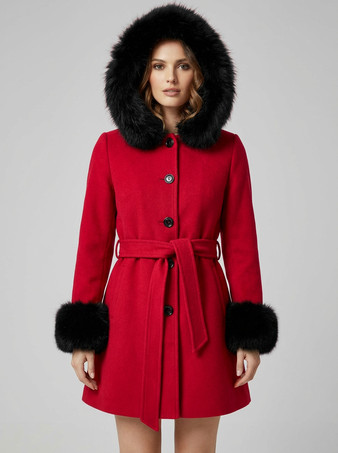 レッド ベルト付きウール混フード付きコート（ブラックフェイクファーカフス付き）レディース 2025