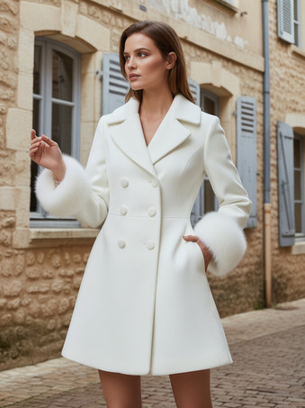ワイドラペルとフェイクファーカフス付きホワイトダブルブレストウールブレンドコート（レディース2025年）