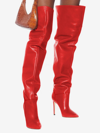 レッド ブラック サイハイブーツ ハイヒール ポインテッドトゥ スラウチブーツ
