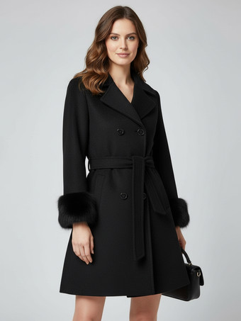 ブラック ベルト付きダブルブレストウールブレンドコート、ワイドラペル、ブラックフェイクファーカフス 2025