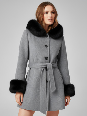 ベルト付きウール混フード付きコート（ブラックフェイクファーカフス付き）レディース 2025