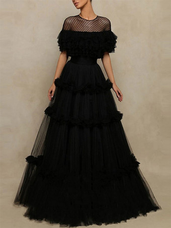 ブラックイブニングドレス プリンセスシルエット ジュエルネック チュール フロアレングス ティアード フォーマルパーティードレス
