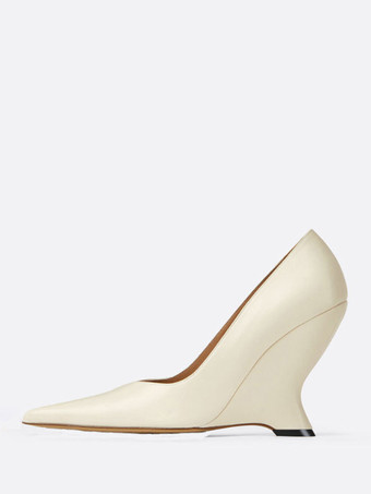 アイボリー シルバー ウェッジヒール レディース ポインテッドトゥ デザインヒール パンプス