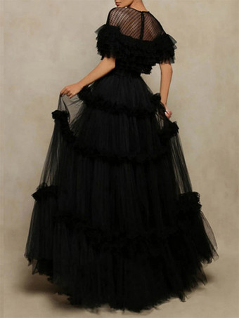 イブニングドレス プリンセスシルエット ジュエルネック チュール フロアレングス ティアード フォーマルパーティードレス