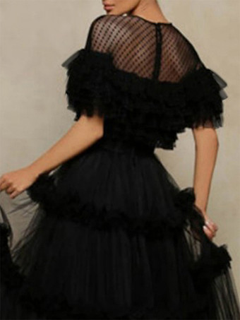 イブニングドレス プリンセスシルエット ジュエルネック チュール フロアレングス ティアード フォーマルパーティードレス