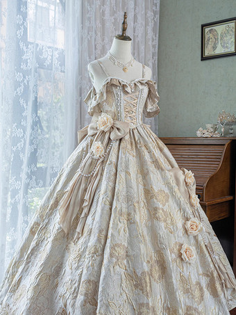 ゴールド フェアリーロリータドレス スパゲッティフラワー クラシックパープルフリル オフショルダー プロムロリータドレス