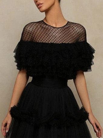 イブニングドレス プリンセスシルエット ジュエルネック チュール フロアレングス ティアード フォーマルパーティードレス