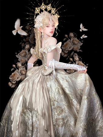 フェアリーロリータドレス スパゲッティフラワー クラシックパープルフリル オフショルダー プロムロリータドレス