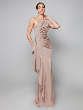 ソフトピンクマザードレス ワンショルダー プリーツ スイープ 非対称 マーメイド ゲストドレス 結婚式用